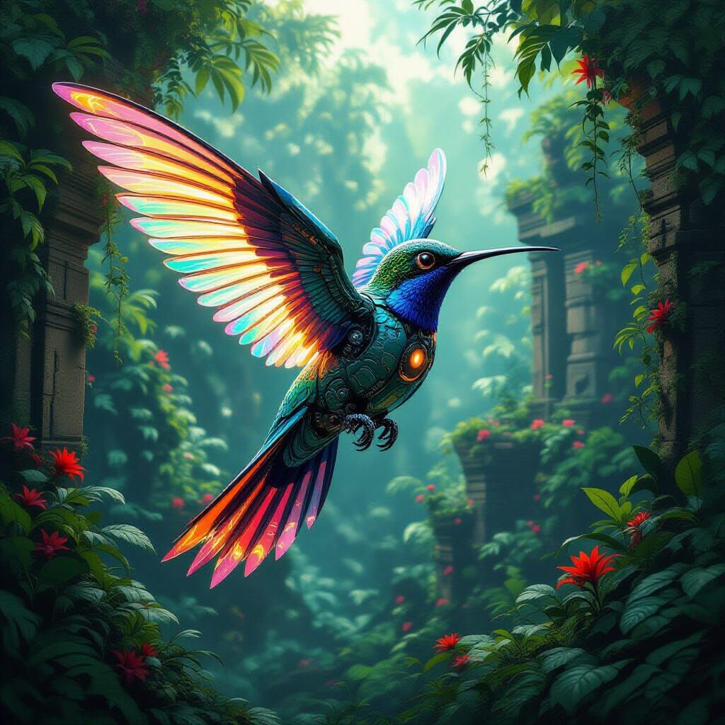 Mechanical Hummingbird in Overgrown Jungle, Hyperrealistic S...