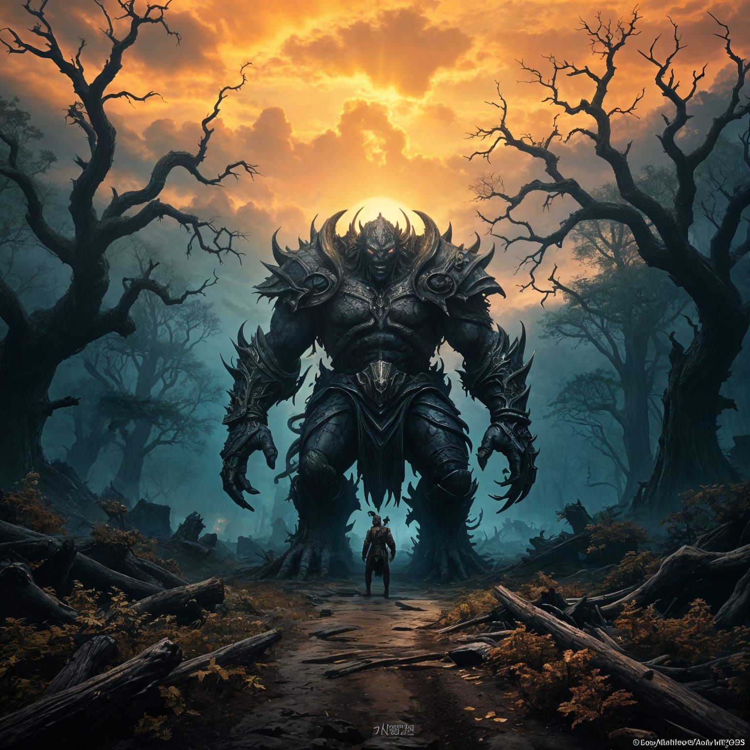 Medieval Protector Blocks Forest Path in Vivid Sunset