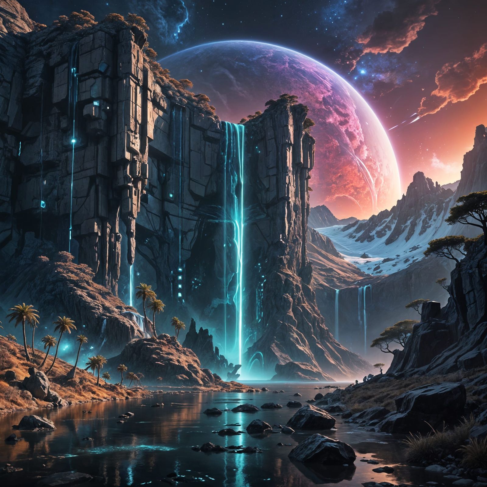 Exoplanetary Waterfall: A Futuristic Sci-Fi Digital Illustra...