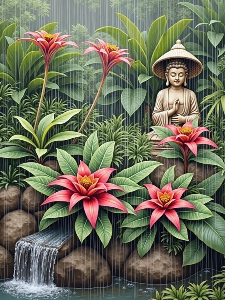 Bromeliads and Buddha in Rainy Tropical Garden