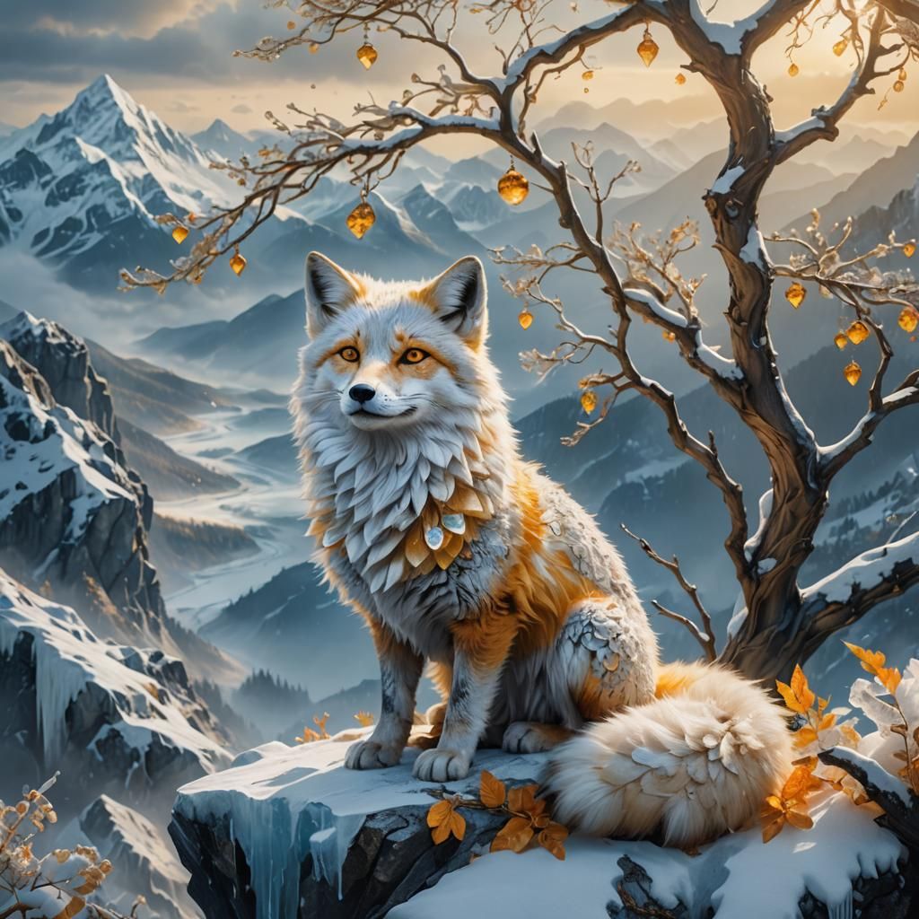 Snow Fox on Crystal Branch: Fantasy Concept Art