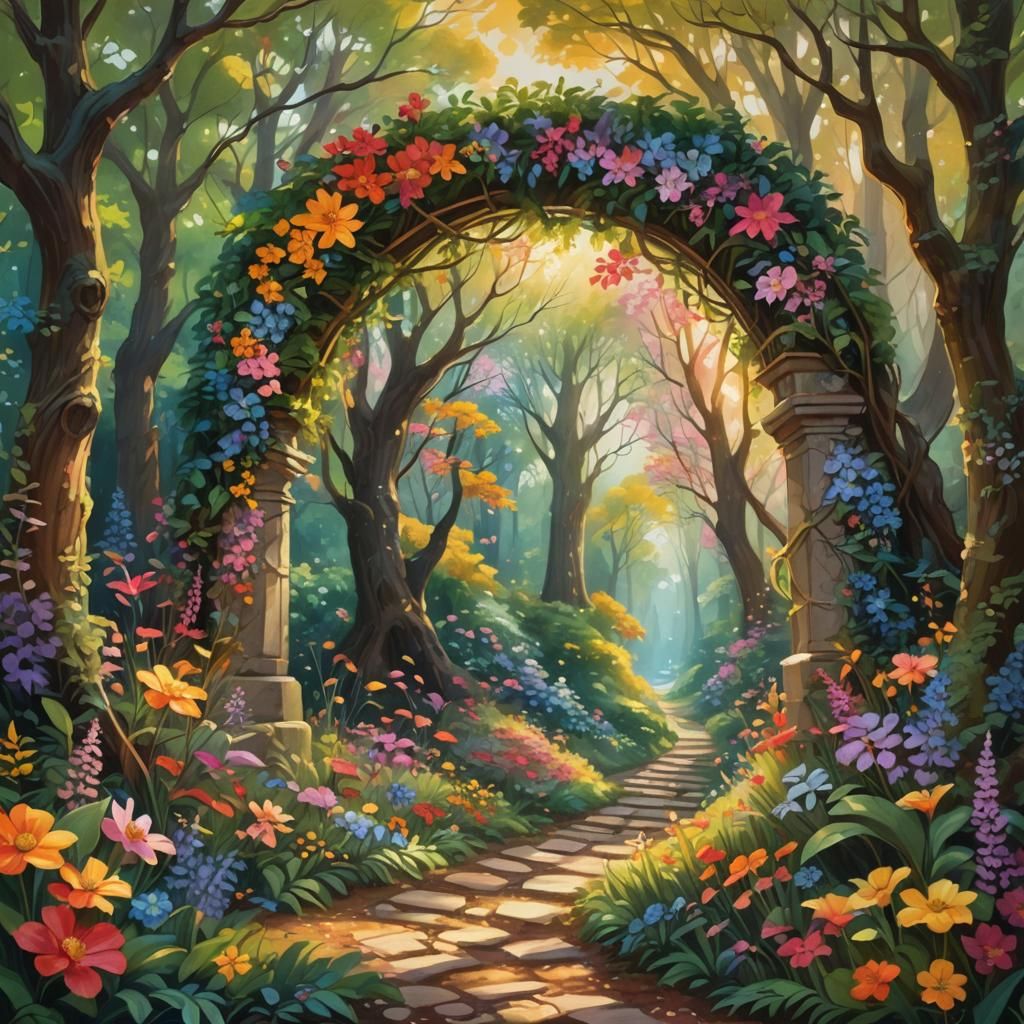 Enchanted Forest Floral Archway in Vibrant Oil Painting
