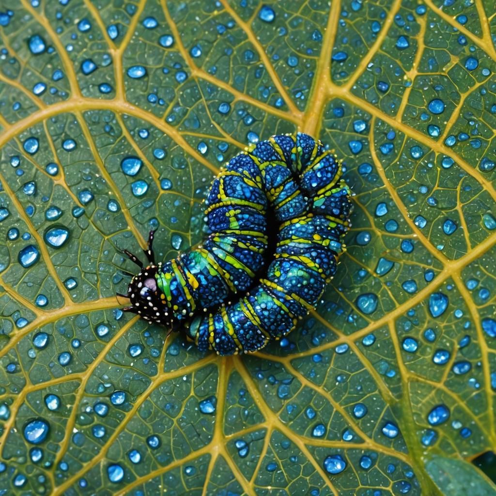 Psychedelic Pointillist Caterpillar on Leaf in Macro