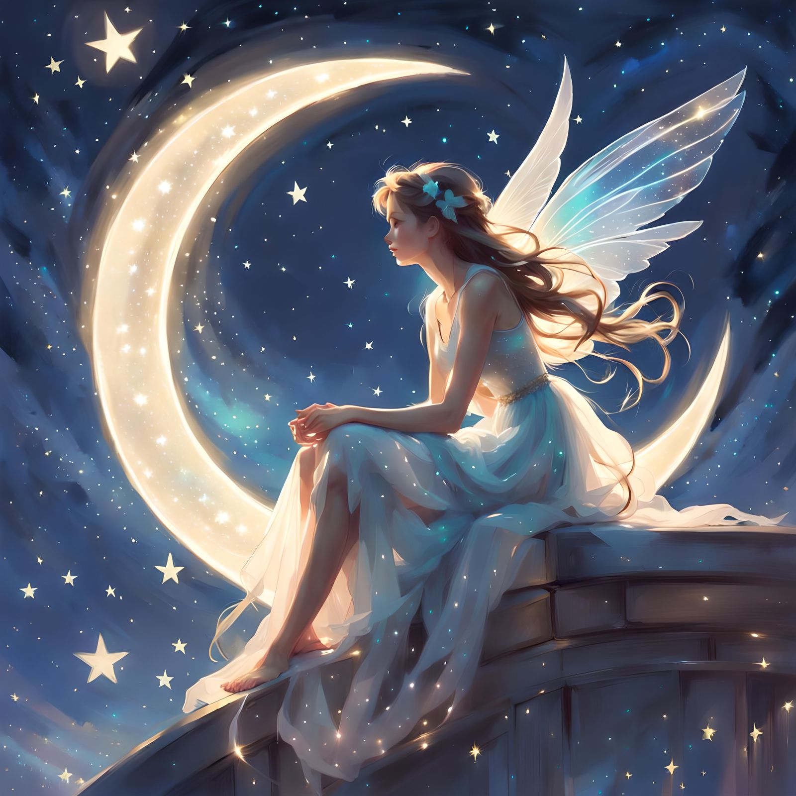 Fairy on Moon in Starry Night Sky