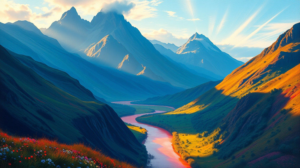 Vibrant Landscape Painting with Mountains and River