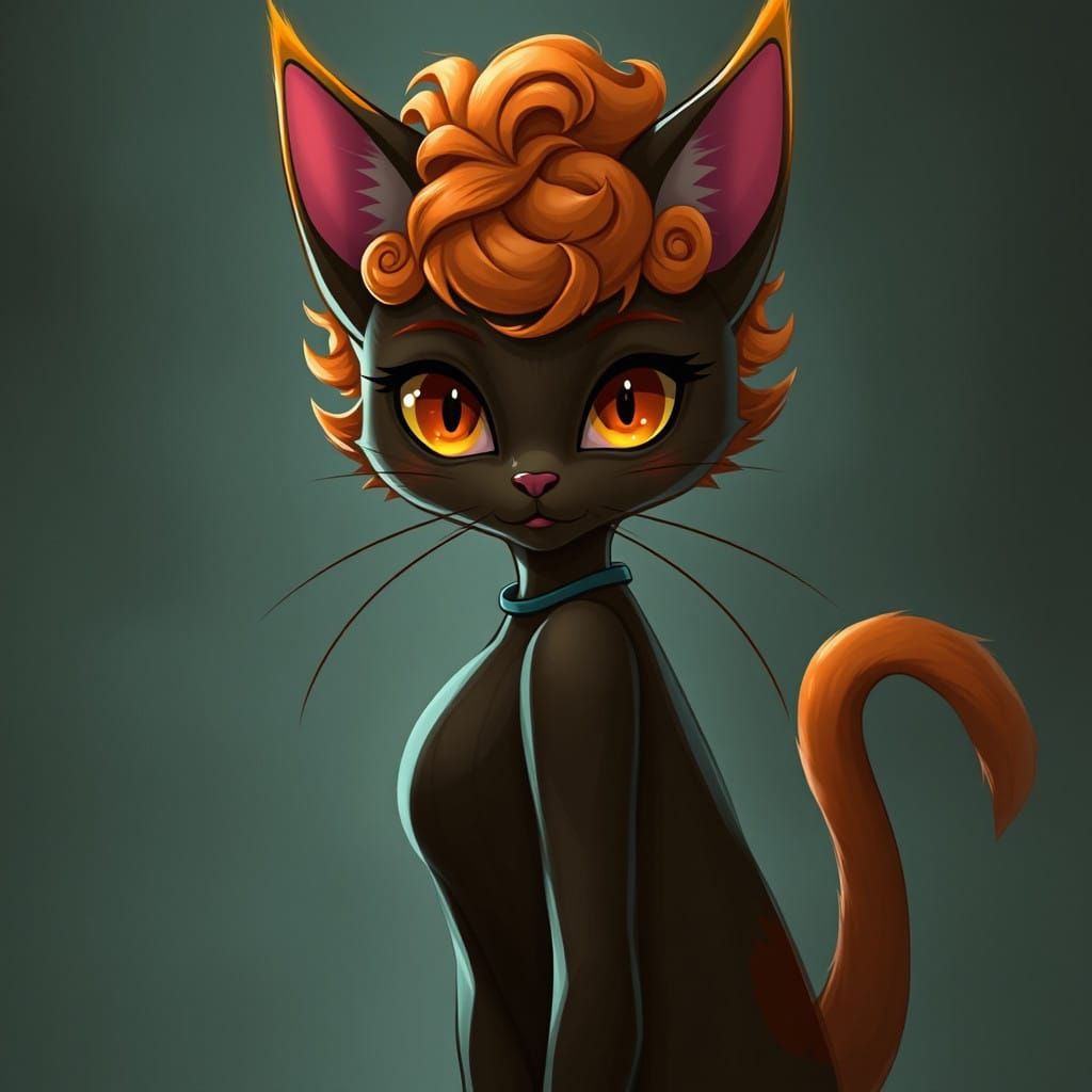 Cyberpunk Catgirl with Orange Hair and Eyes