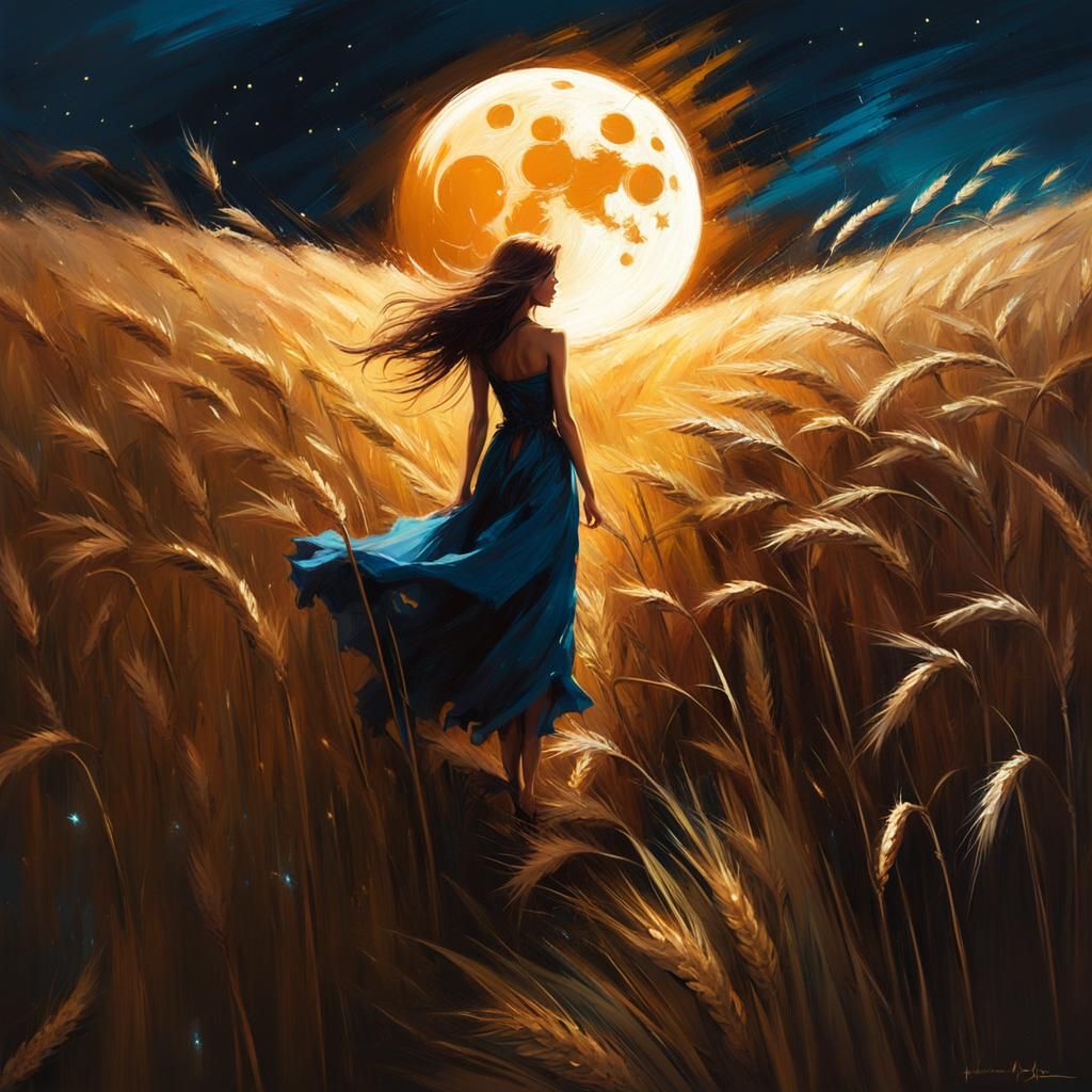Woman Walks Wheat Field Under Moonlit Sky