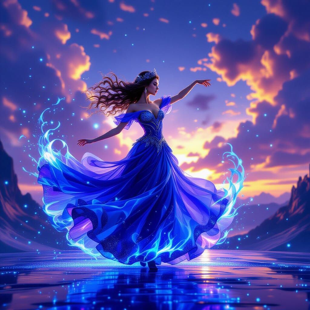 Mystical Dancer in Fiery Gown Amidst Glittering Cosmos