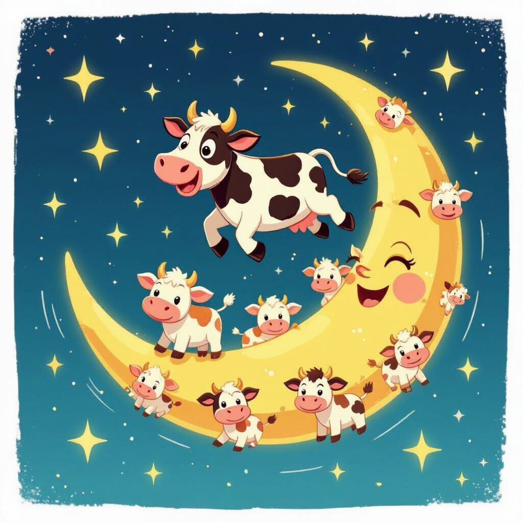 Whimsical Cartoon Cow Leaps Over a Moon Made of Cows
