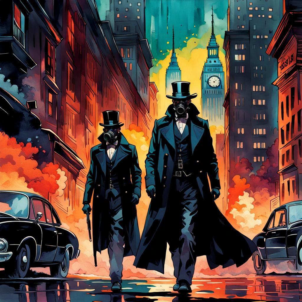 Men in Gas Masks: Physcopunk Watercolor Portrait