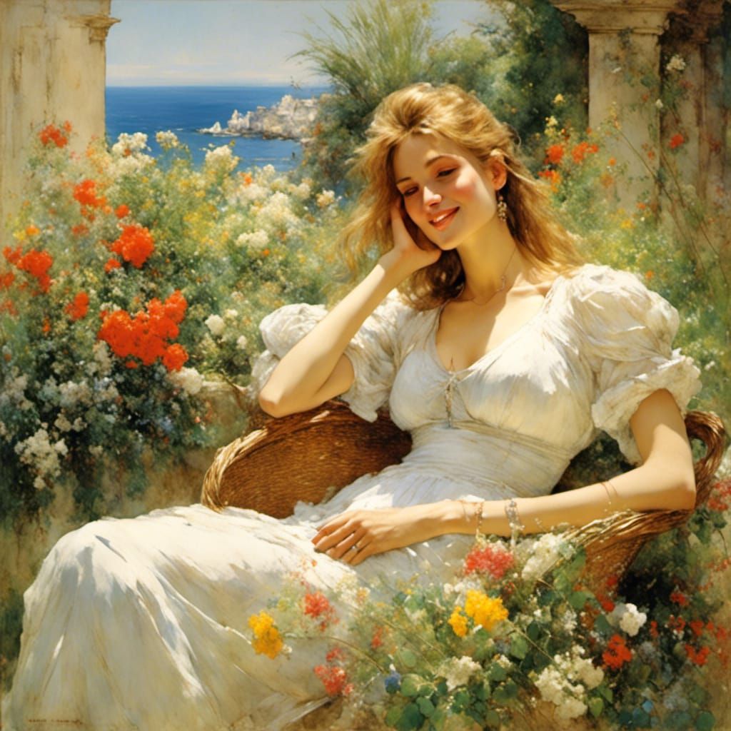 Woman Resting in Garden, Oil Painting Style