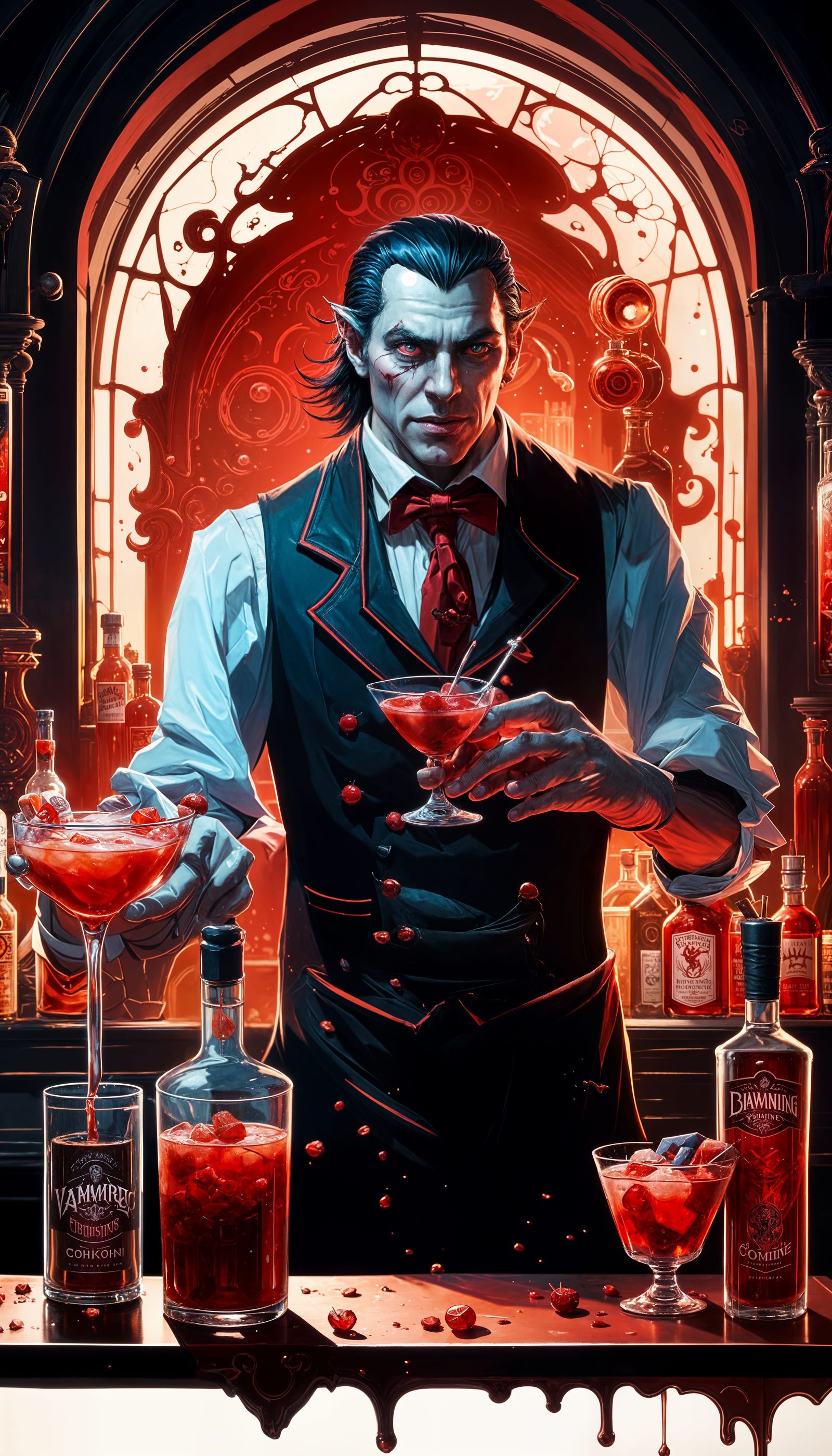 Vampire Bartender Crafts Crimson Cocktails: Dark Fantasy Art