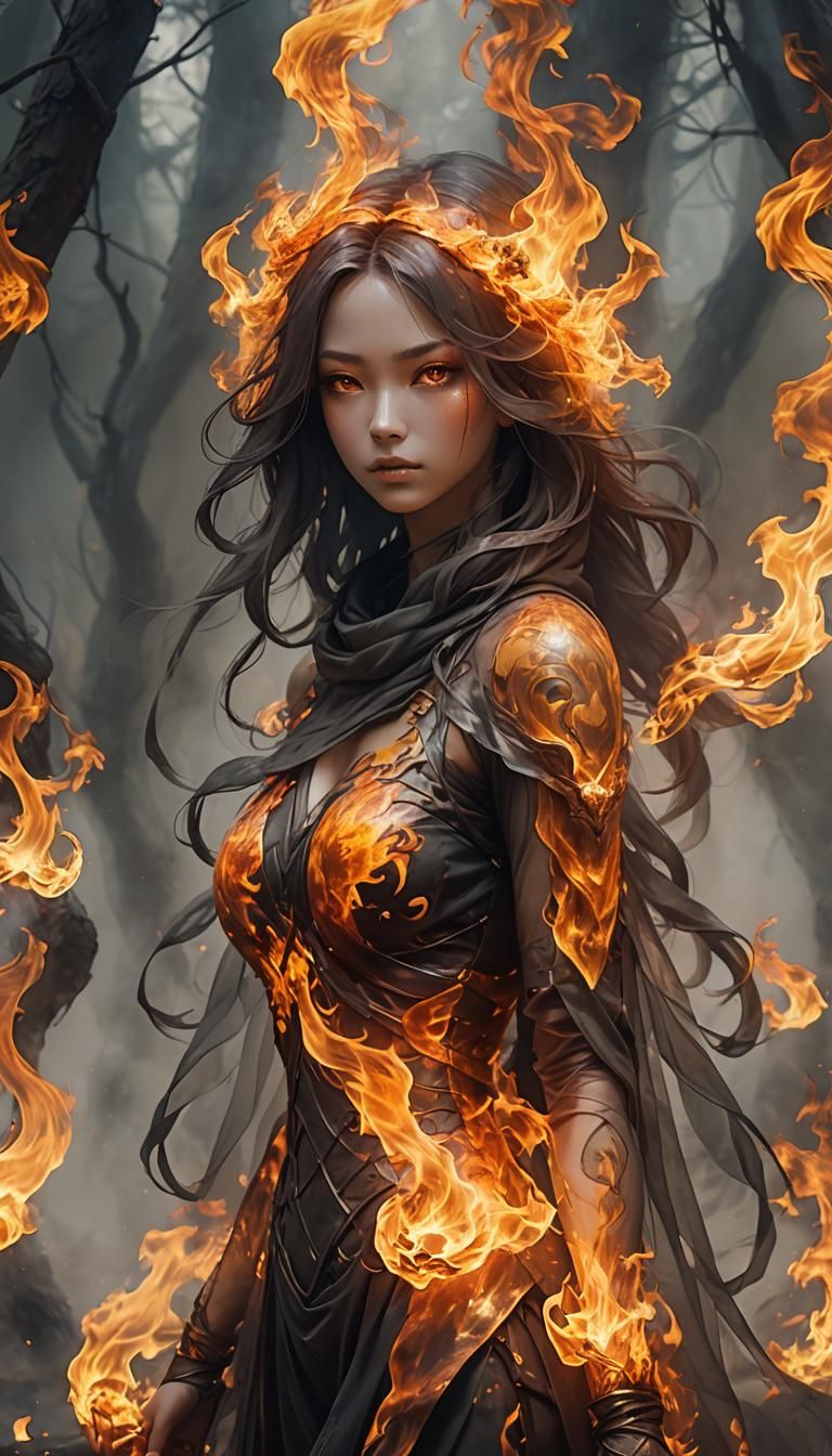 Blazing Fire Elemental Girl in Smoky Veil