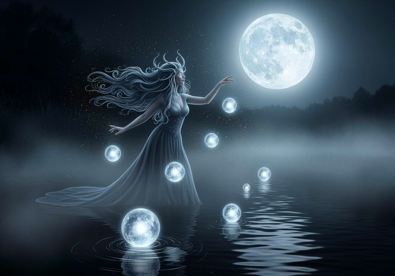 Moonlit River Witch Ritual with Glowing Orbs