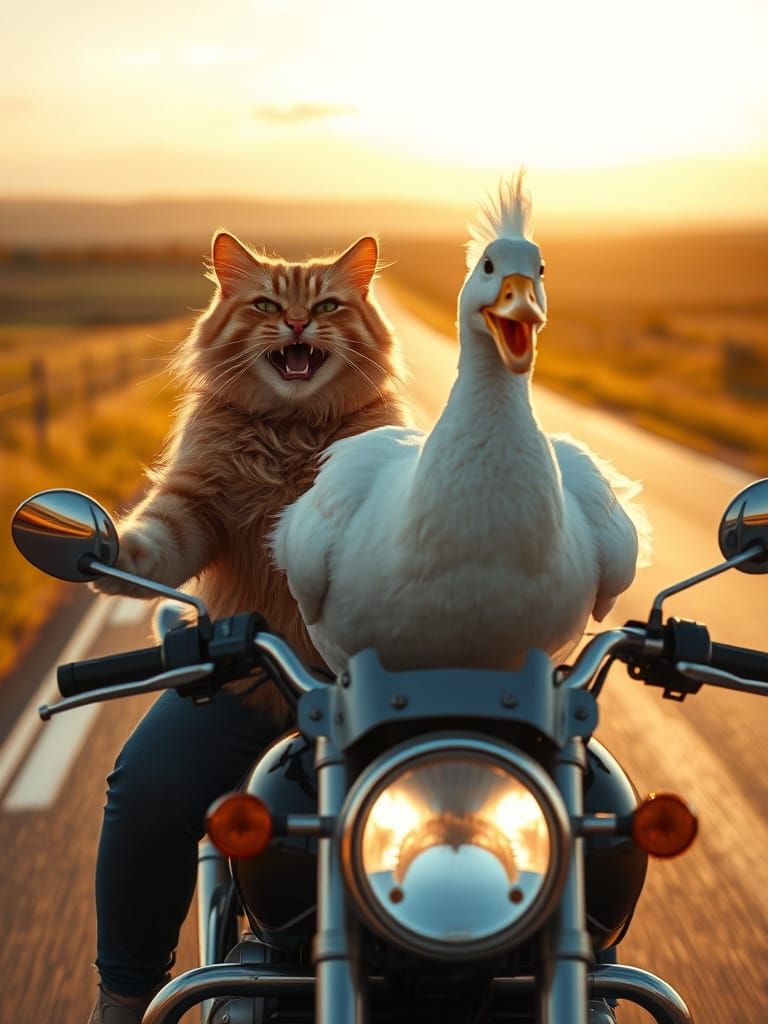 Golden Cat and White Duck Ride Together in a Joyful Sunset
