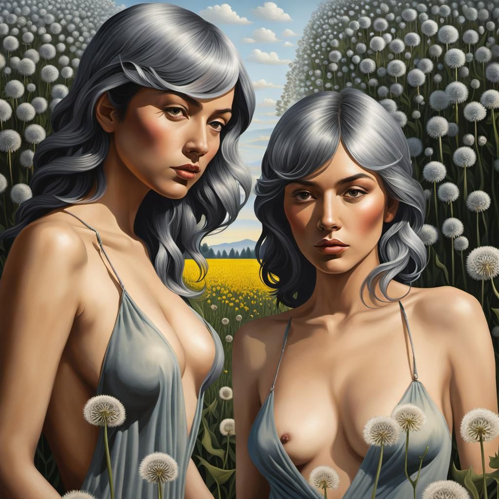 Dandelion Field Naturistic Scene in Magritte Style