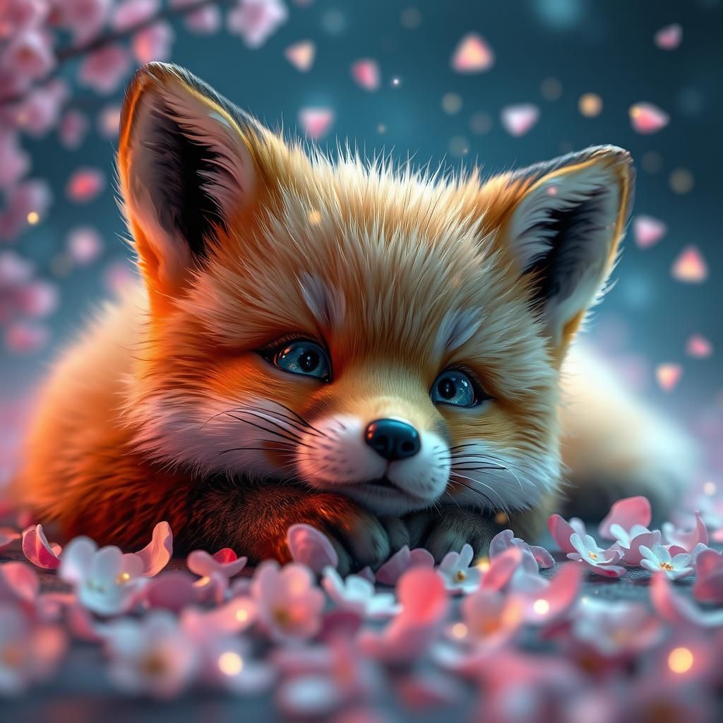 Adorable Fox with Fireflies and Sakura Petals