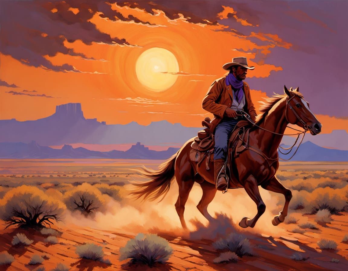 Cowboy Rides Mustang at Dusk in Western Landscape