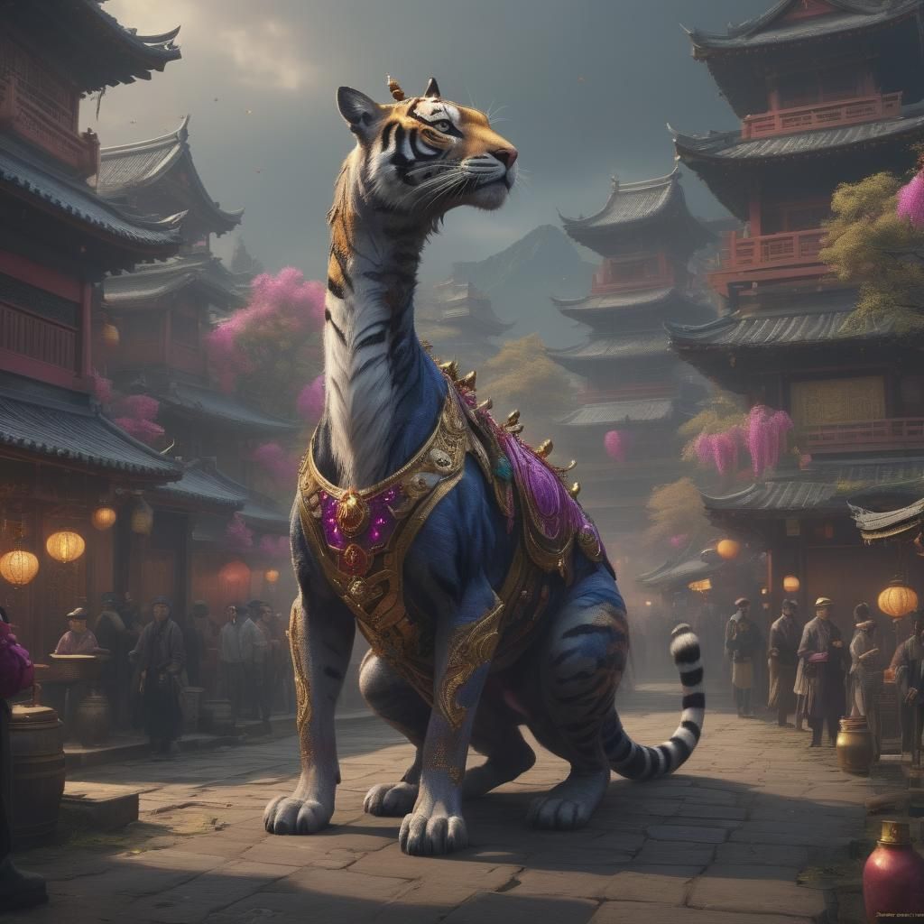 Tiger-Gazelle Hybrid at Edo Festival, Dark Fantasy Art