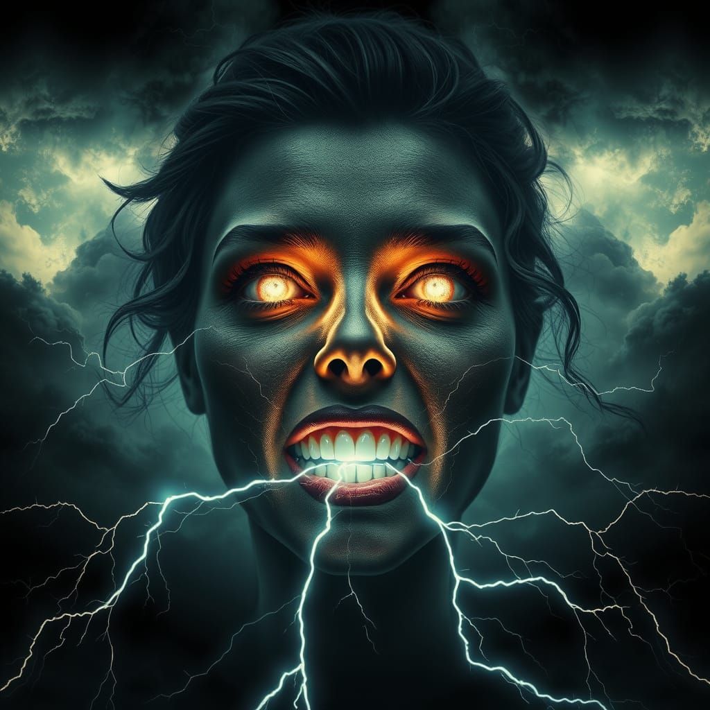 Un visage de femme qui tiens entre ces dents un éclair