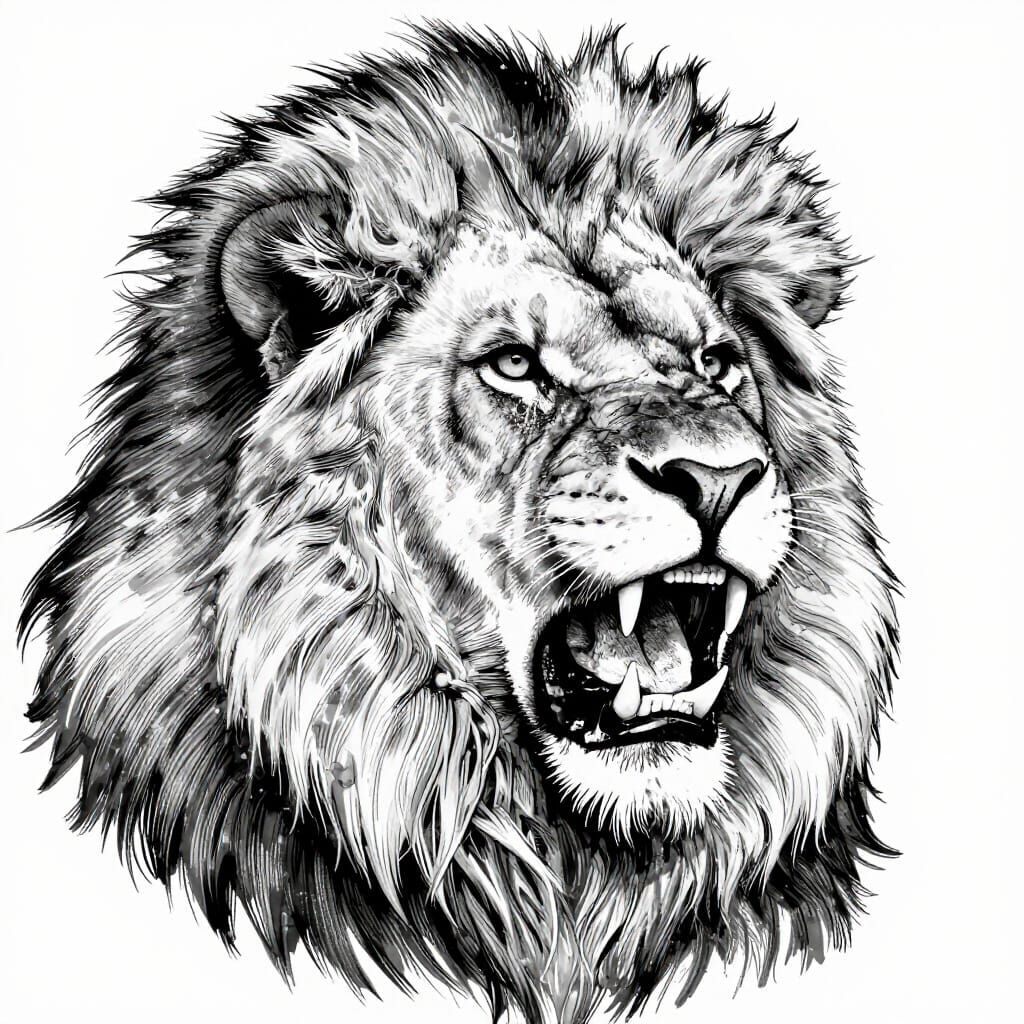 Roaring Male Lion Head Line Drawing High Contrast