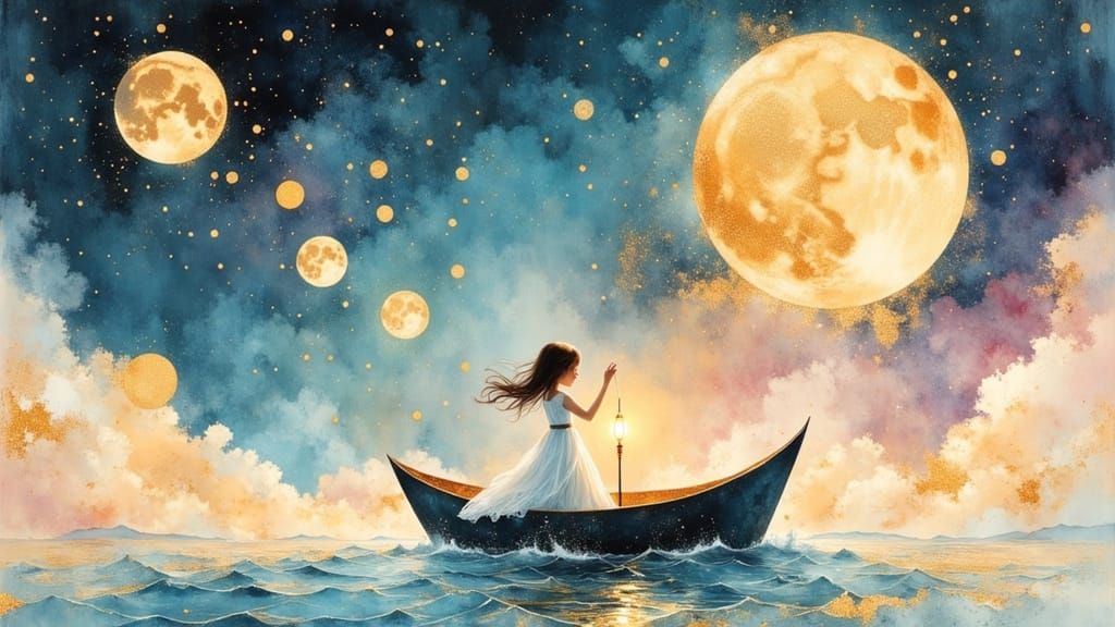 Girl in Paper Boat Sails Starry Sky