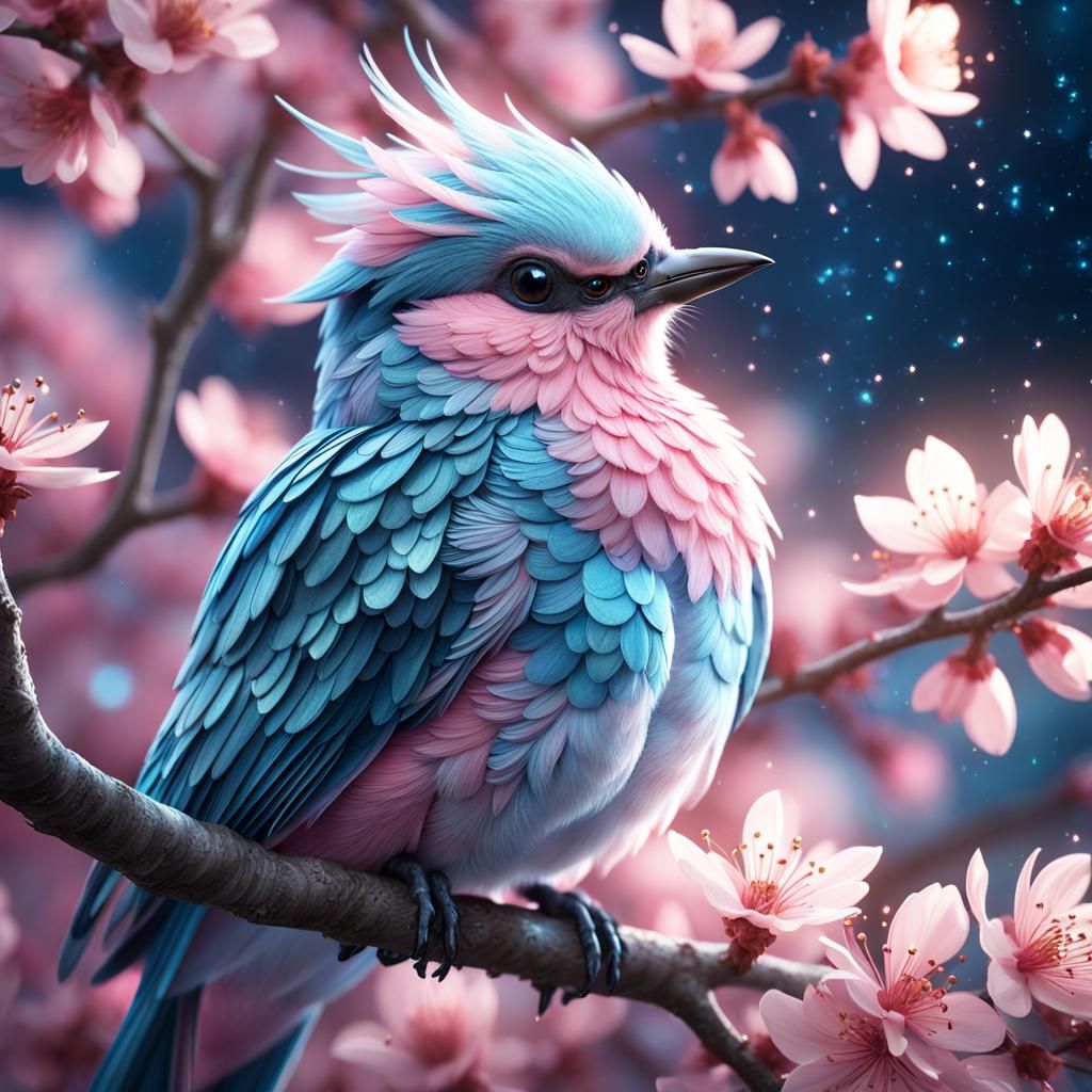 Enchanted Pink Bird on Sakura Tree at Night