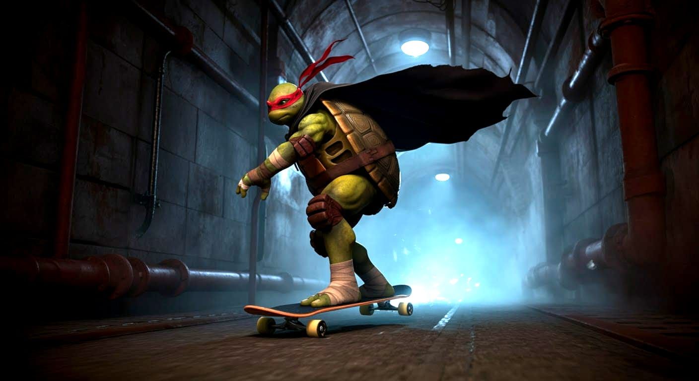 Leonardo Skateboarding Through Sewer in Anime Style
