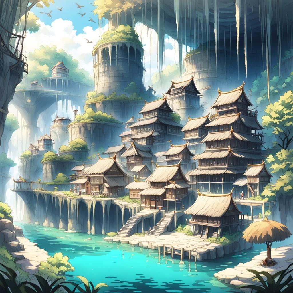 Picturesque Fantasy Village in Anime Style Cenote