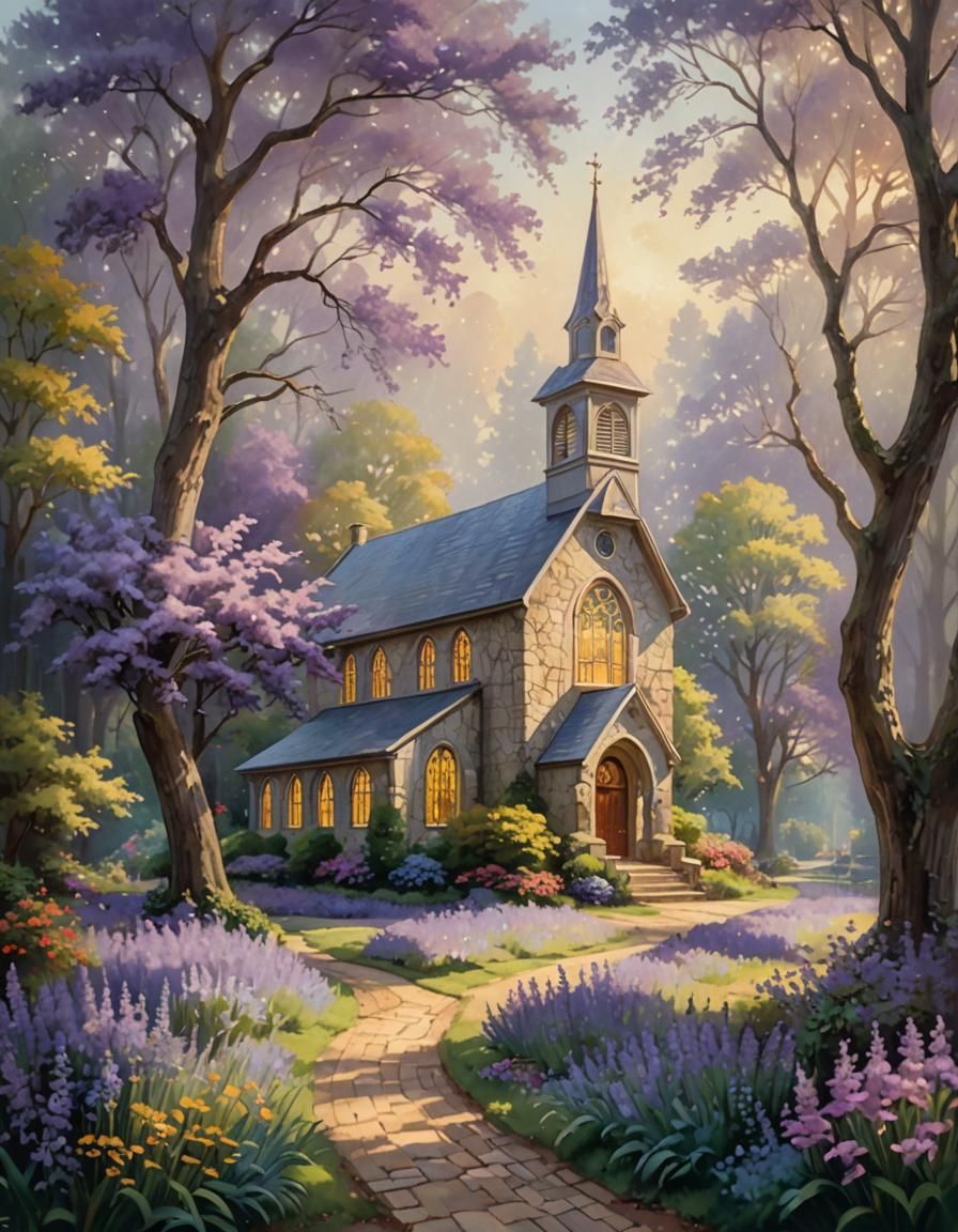 Impressionistic Country Church with Lavender Flowers