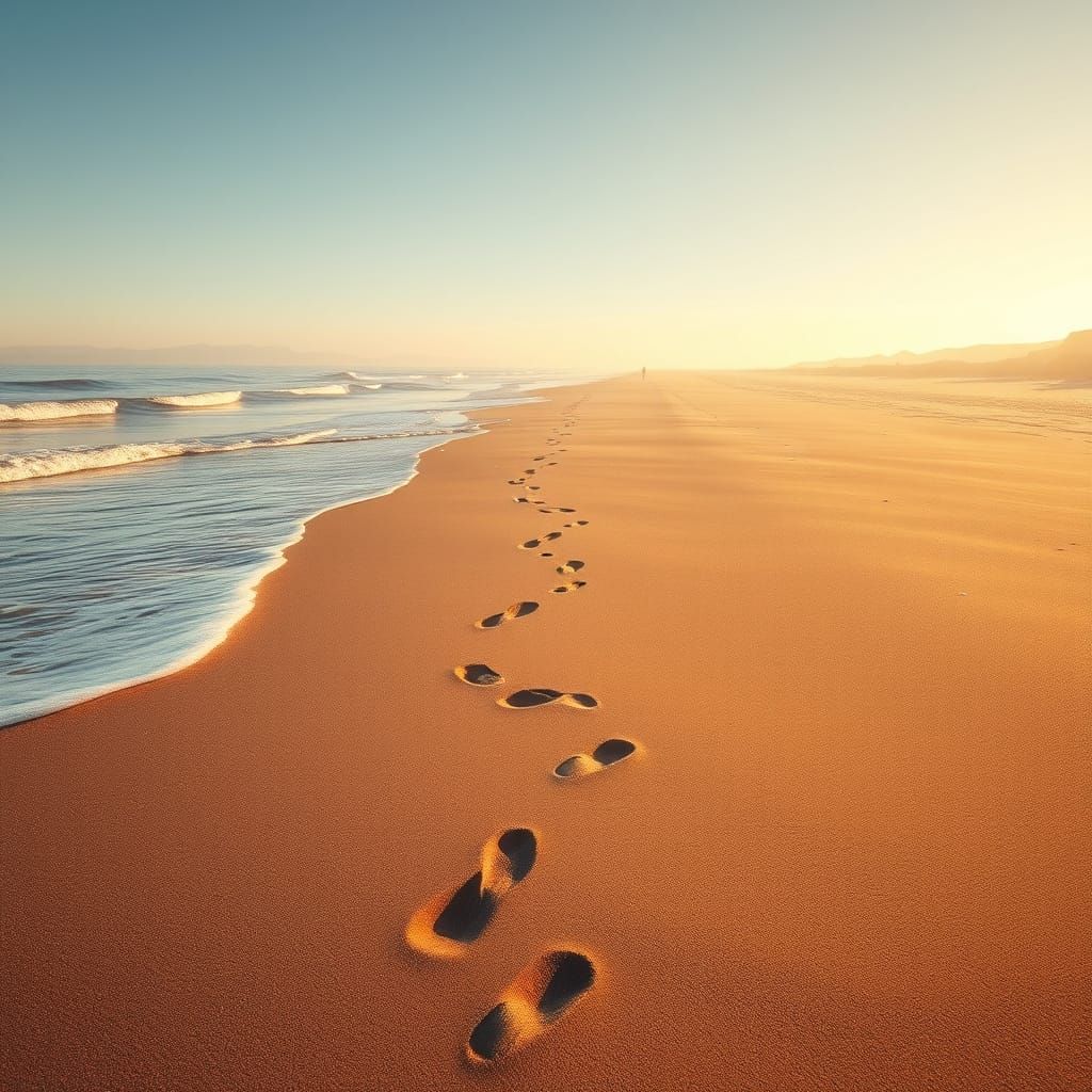 Serenely Empty Beachscape with Scattered Footprints and Warm...