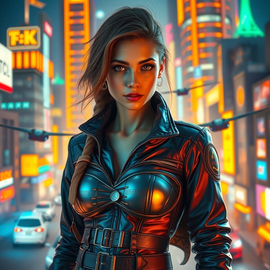 Futuristic Space Traveler in Cyberpunk Cityscape