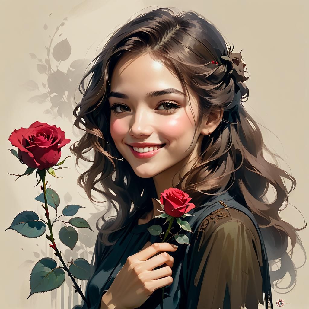 Smiling Woman Smelling a Rose: Ink Paint Sketch