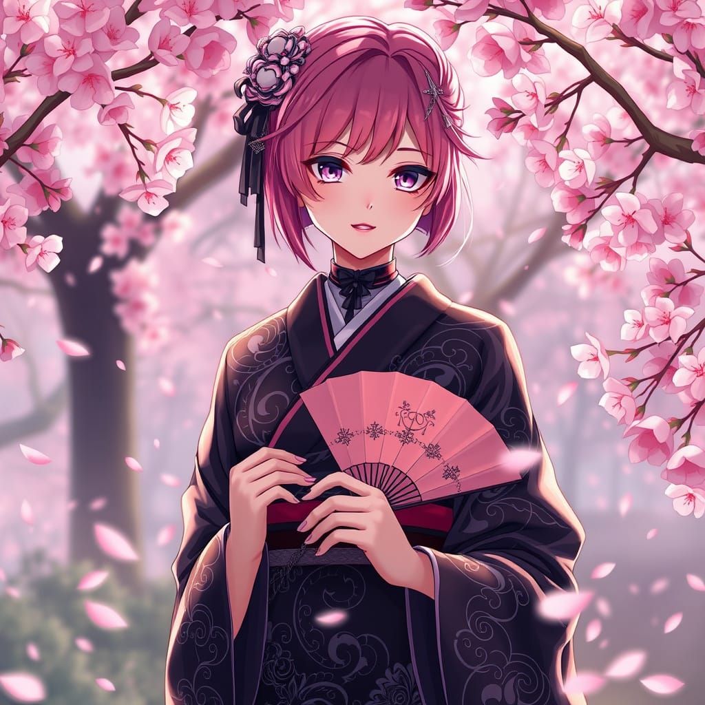 Gothic Anime Goddess in Cherry Blossom Garden