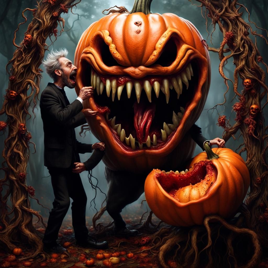 Deranged Pumpkin Creature Eats Human: Hyper-Realistic Horror