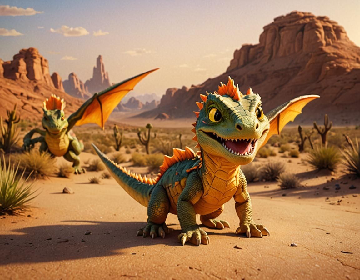 Chibi Werelizard Roaring in Desert Landscape