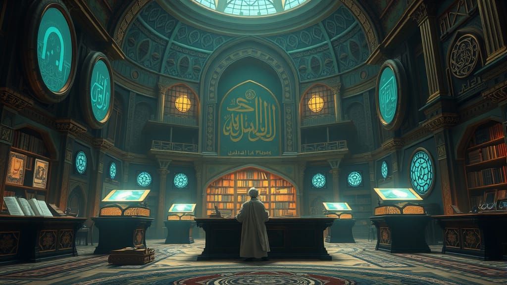 Alien Library with Holographic Displays in Ghibli Style