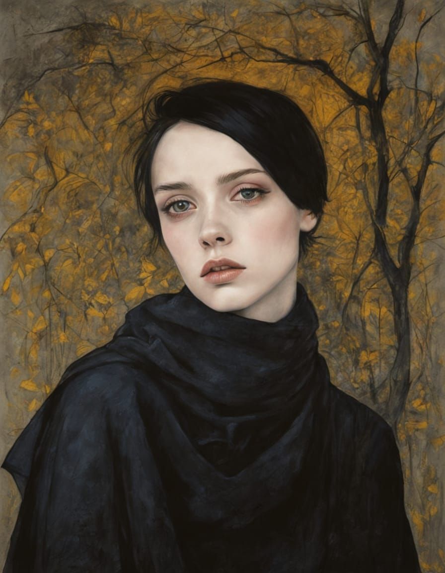 Goth Girl Portrait in Minimalist Impasto Style