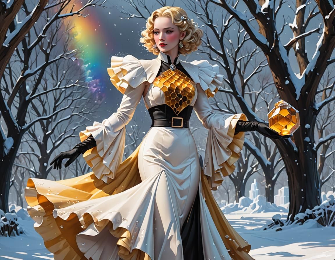 Wintry Landscape with Rainbow Honeycomb in Anime Style