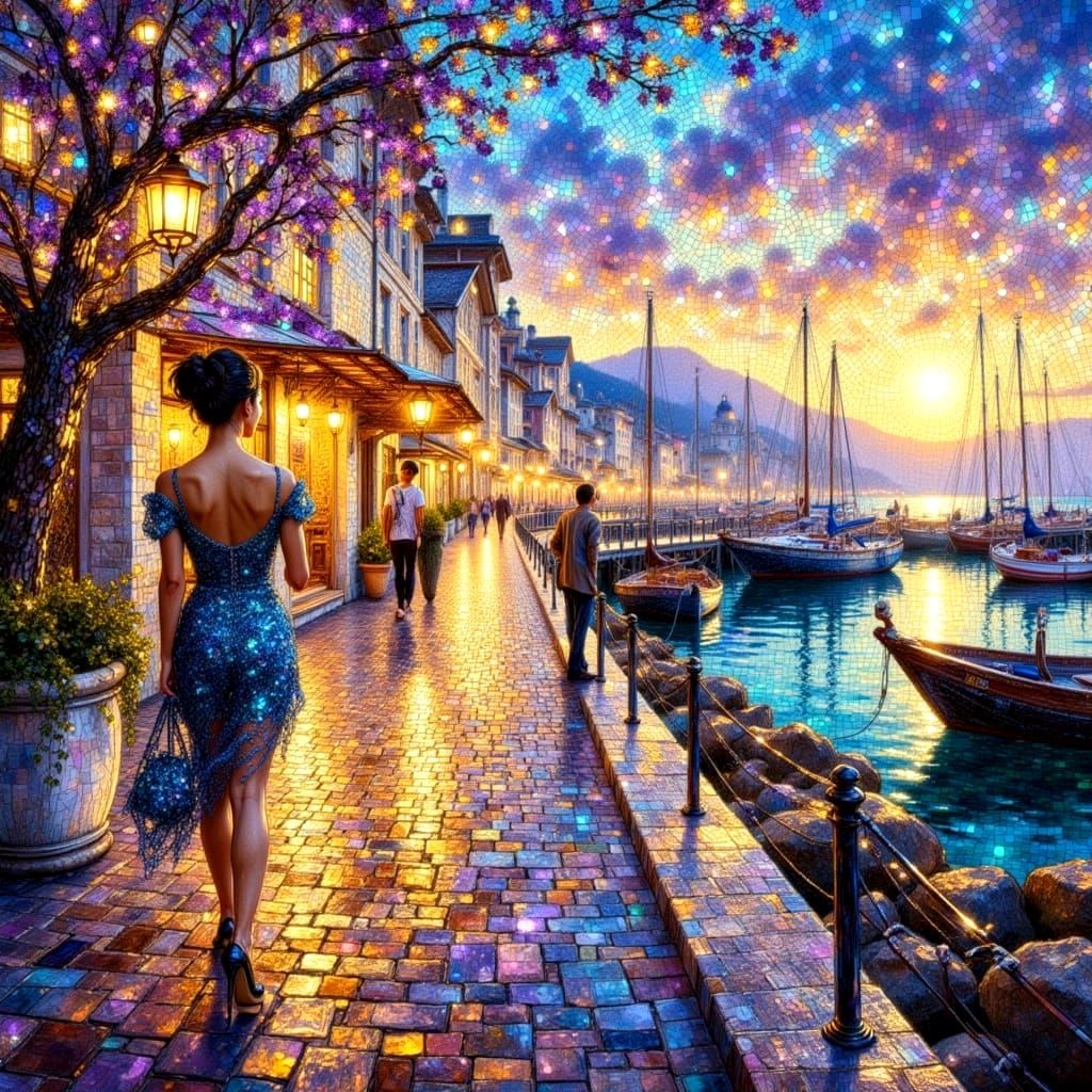 Woman on Boardwalk in Ethereal Winter Cityscape