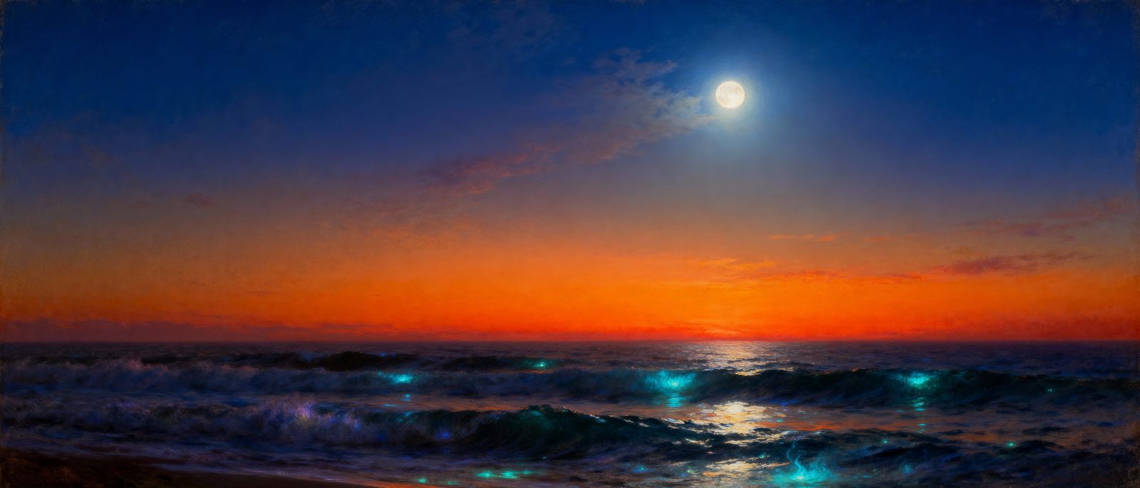 Serene Ocean Dusk Painting with Moonlight and Bioluminescenc...