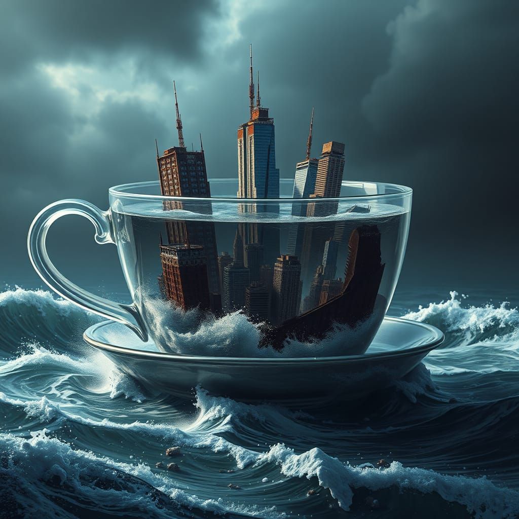 Flooded City in Teacup: Apocalyptic Digital Rendering