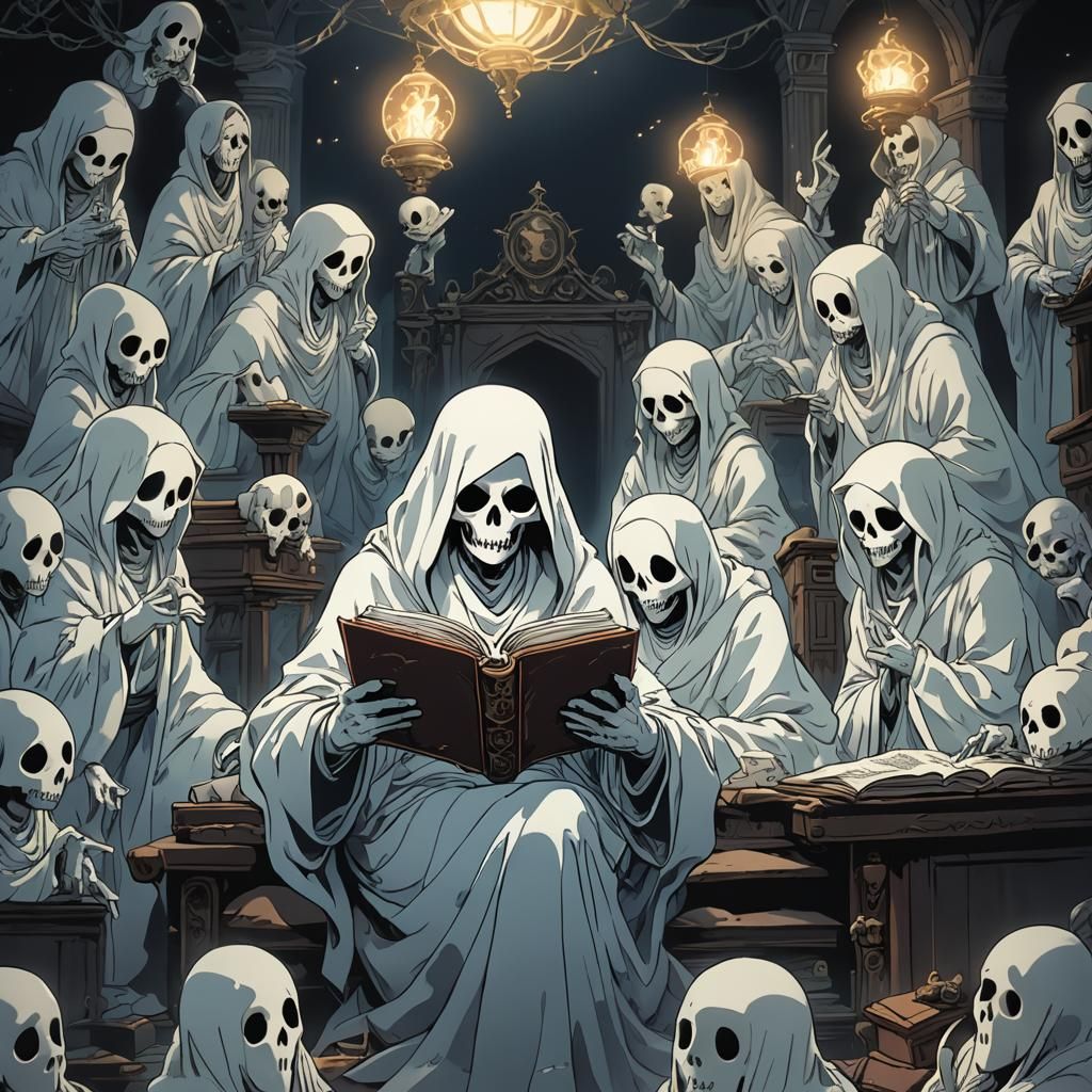 Ethereal Spirits Gather Around a Ghostly Storyteller