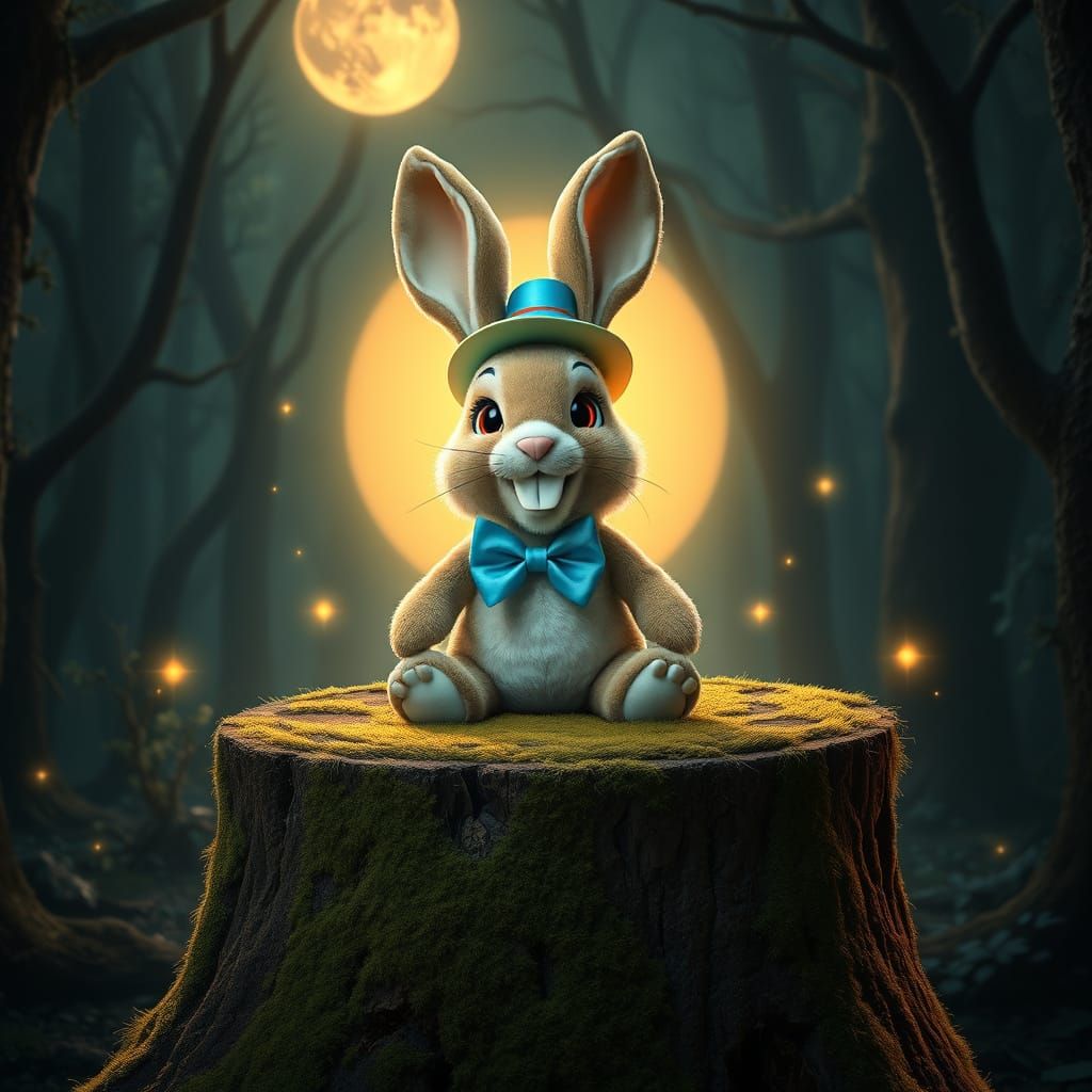 Whimsical Moonlit Forest Scene with Plush Rabbit