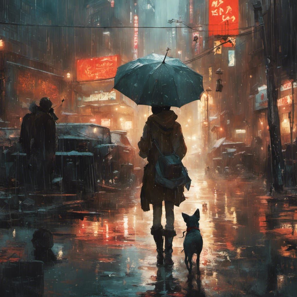 Girl and Puppy in Rain, Detailed Digital Art