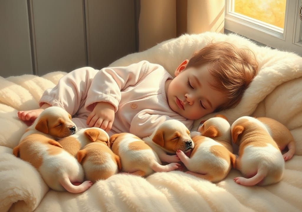 Toddler and Puppies Sleeping in Dreamlike Illustration