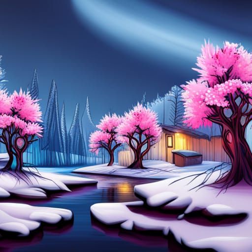 Snowy Village with Cherry Blossoms in Graffiti Art