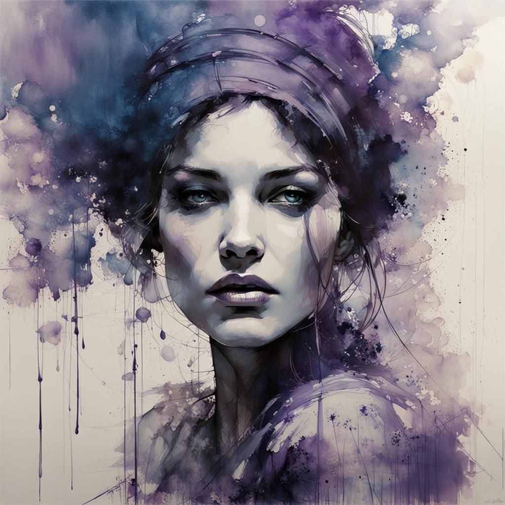Woman in Blue and Purple Ink Drawing