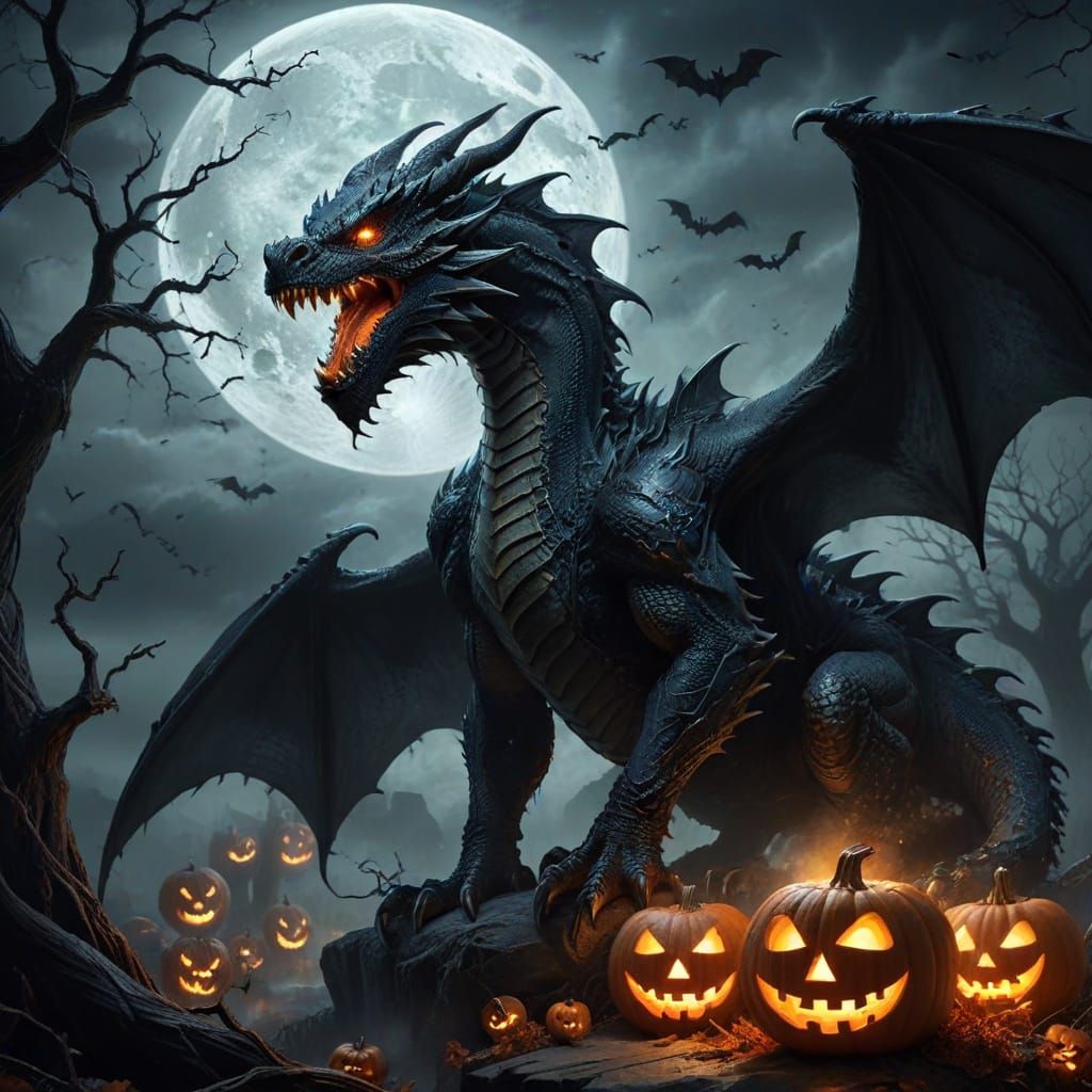 Fearsome Dragon Silhouetted Against Halloween Moon