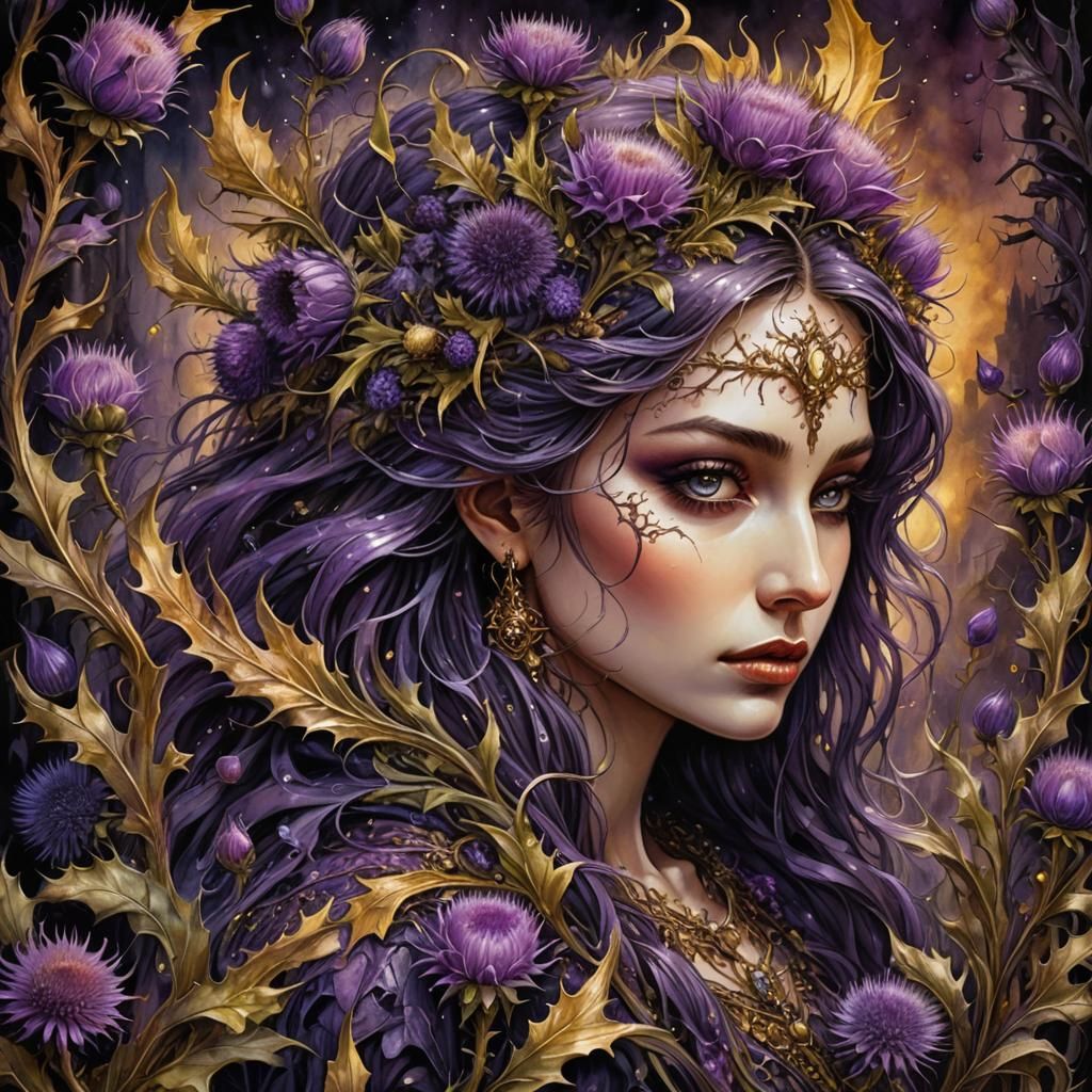 Gothic Girl with Thistles in Voluminous Watercolor